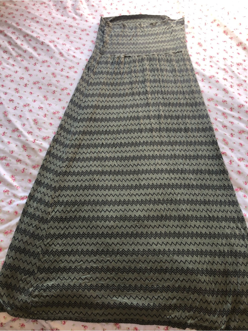 Chevron-Pattern Olive A-Line Maxi Skirt